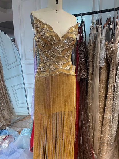 Luxury Hand Made Nude Gold Scallop Tassel Evening Dress LA73748 SERENE HILL