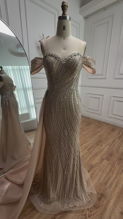 Luxury Nude Beaded Mermaid Evening Dress with Overskirt LA72911