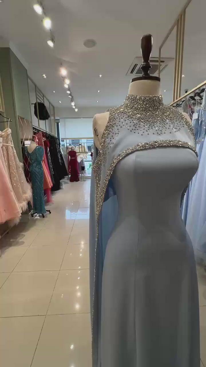 Elegant High Neck Evening Dress with Crystals and Long Cape LA73068