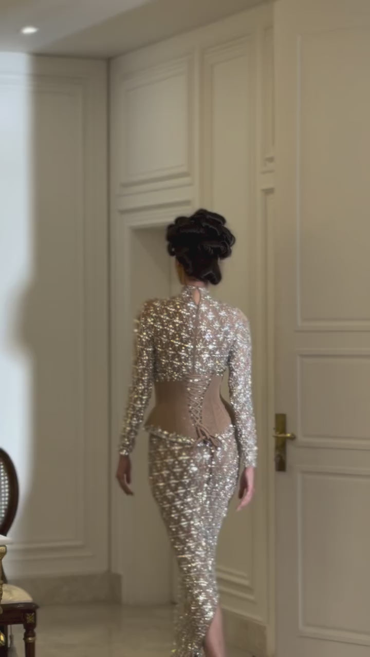 Luxury Nude Beaded Two Pieces Corset Evening Dress LA73335