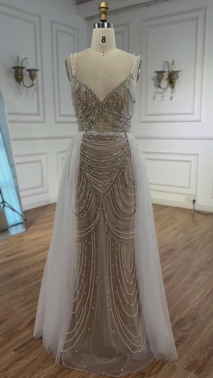 Nude Beaded Arabic Evening Gown with Spaghetti Straps LA72253A
