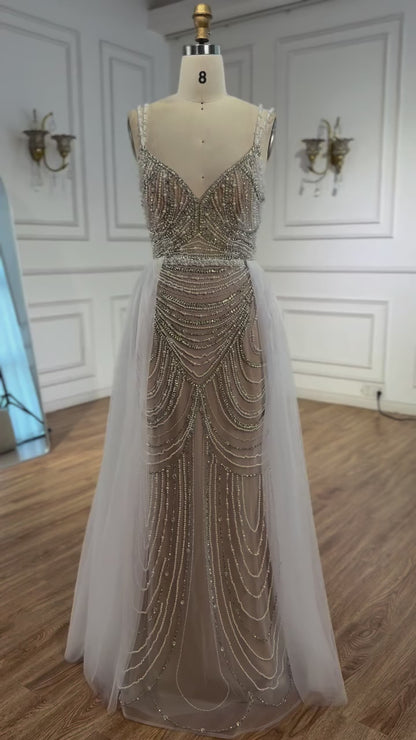 Nude Beaded Arabic Evening Gown with Spaghetti Straps LA72253A
