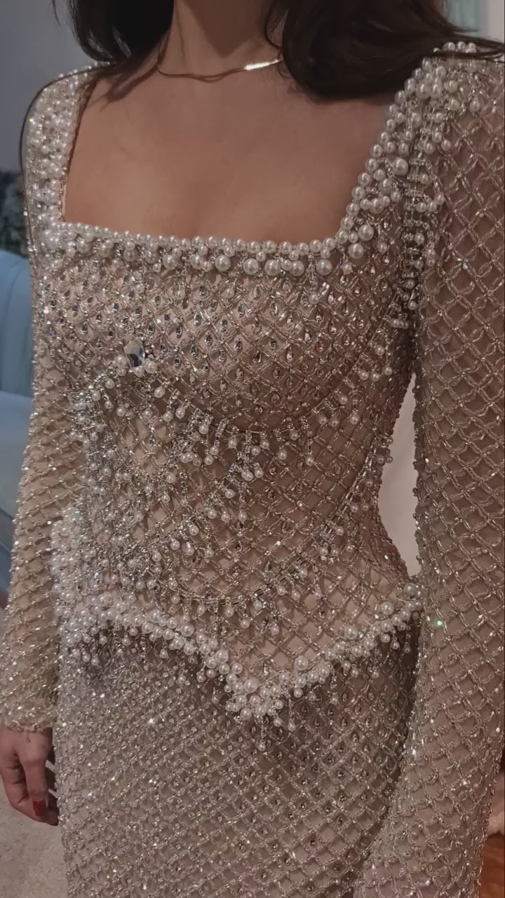 Modest Pearl Beaded Mermaid Evening Dress with Long Sleeves LA72919A