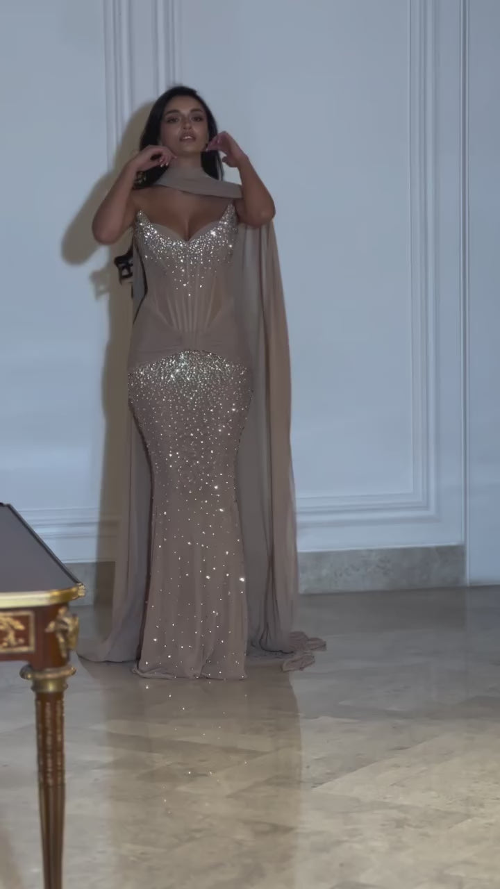 Luxury Arabic Nude Beaded Corset Evening Dress LA73343