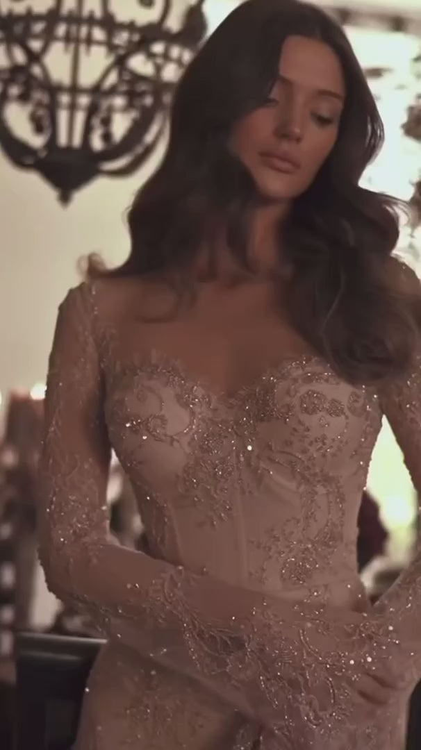 Luxury Arabic Lace Beaded Mermaid Evening Dress with Sleeves LA72545