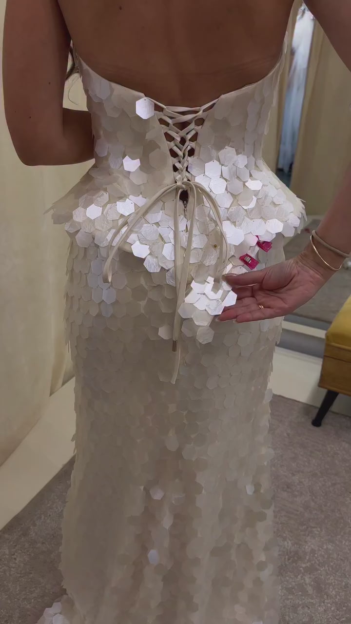 Luxury Beige Scale Sequin Peplum Mermaid Evening Dress LA73926