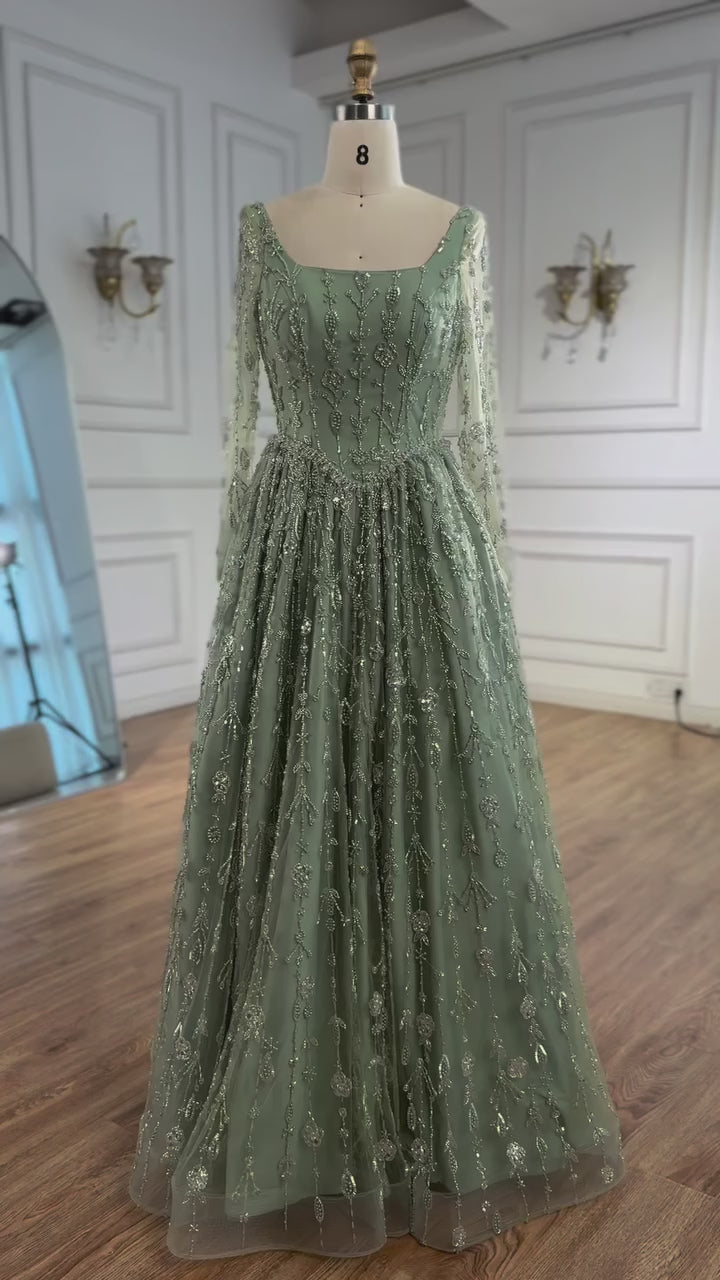 Luxury Sage Green Beaded Evening Dress with Long Sleeves LA72805B