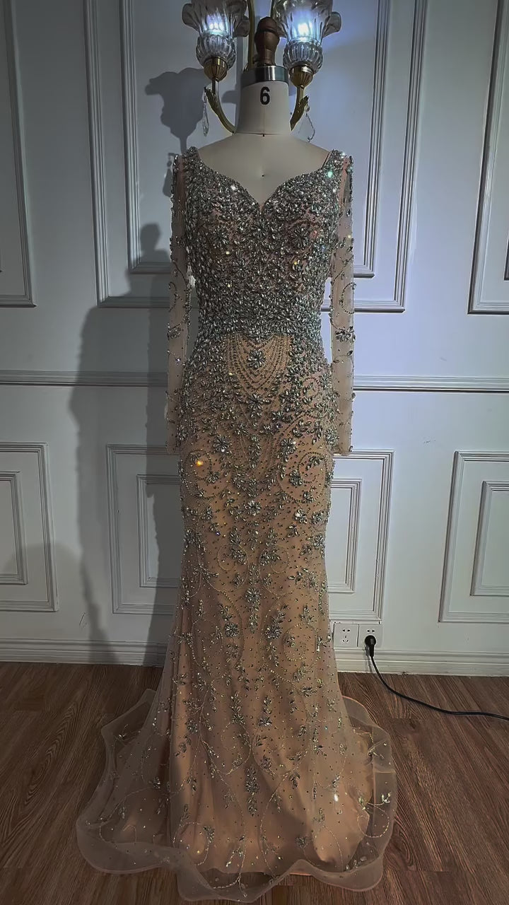 Luxury Nude Beaded Crystal Evening Dress with Long Sleeves LA73042
