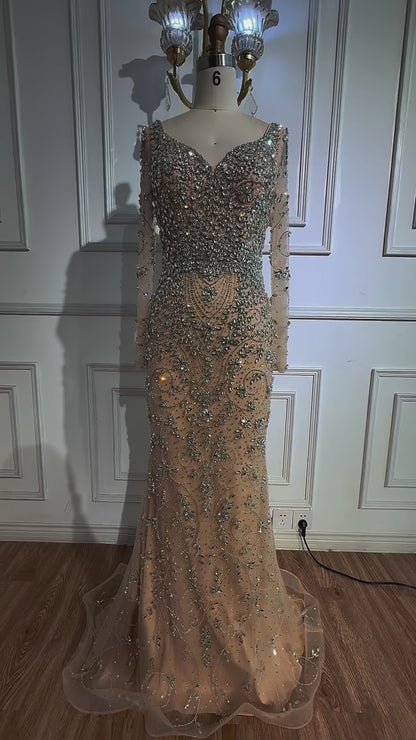 Luxury Nude Beaded Crystal Evening Dress with Long Sleeves LA73042