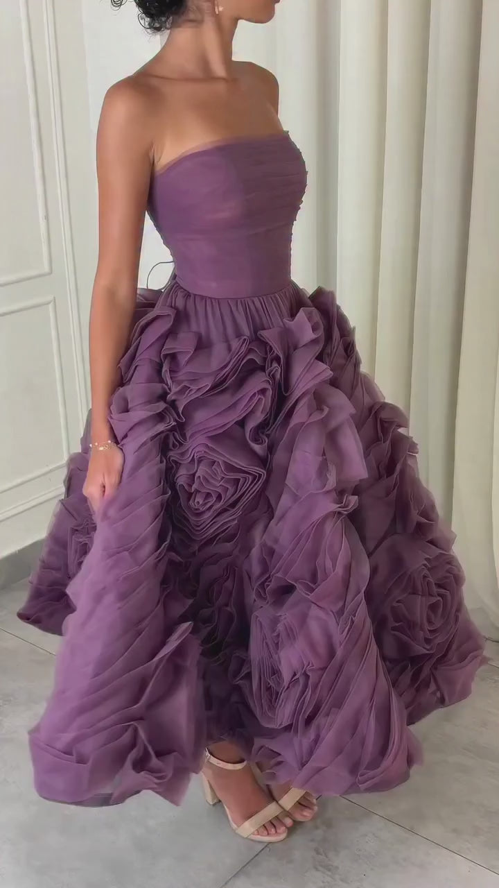 Luxury Purple 3D Rose Flower Strapless Princess Evening Dress LA73176