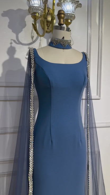 Luxury Blue Mermaid Beaded Evening Dress with Cape Sleeves LA72086