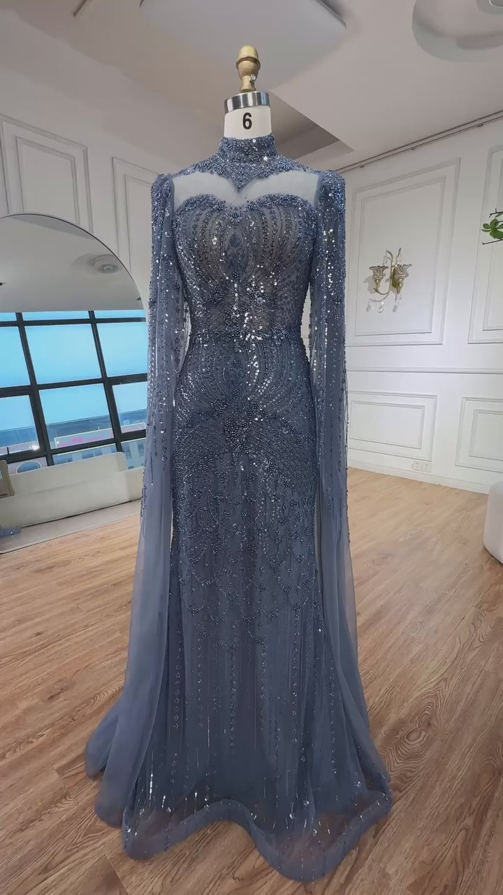 Luxury  Modest Blue Mermaid Evening Dress with Cape LA73006
