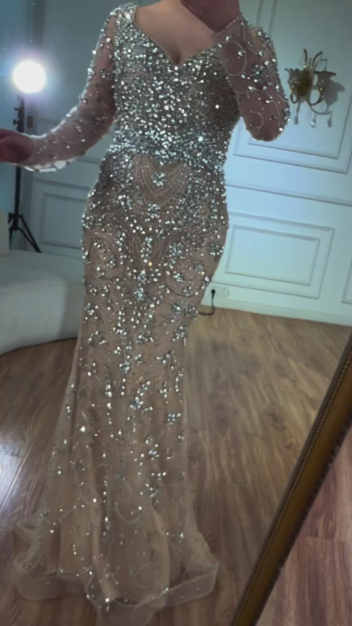 Luxury Nude Beaded Crystal Evening Dress with Long Sleeves LA73042