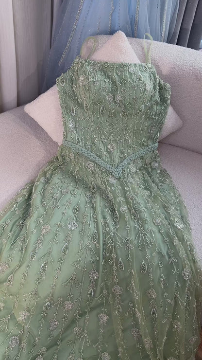 Luxury Sage Green Beaded A-Line Spaghetti Strap Evening Dress LA72805
