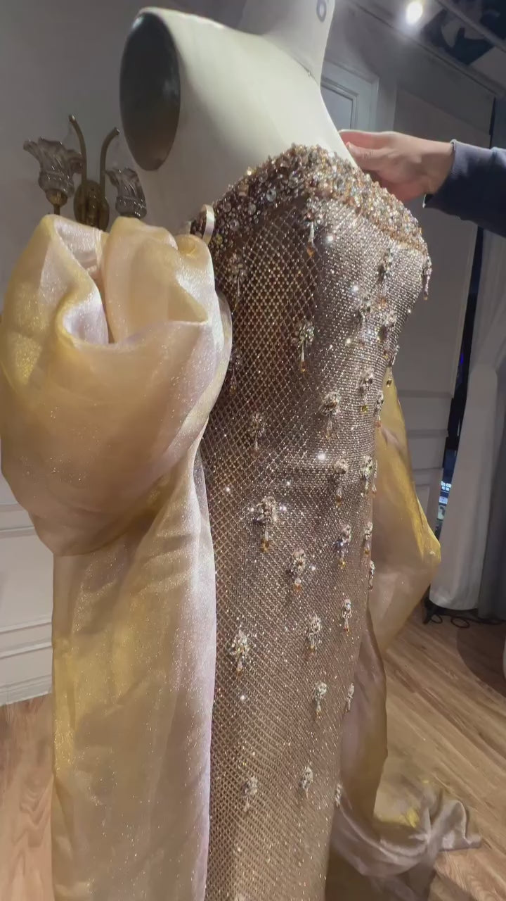 Luxury Gold Crystal Mermaid Evening Dress With Cape LA73387