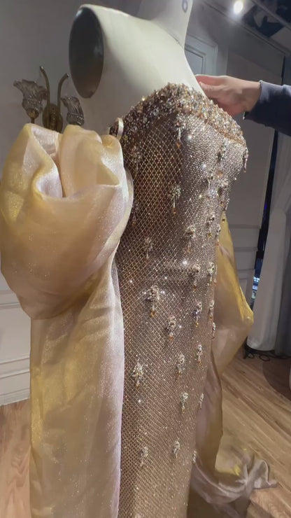 Luxury Gold Crystal Mermaid Evening Dress With Cape LA73387