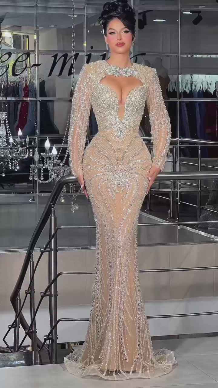Luxury Nude Crystal Beaded Long Sleeve Mermaid Evening Dress LA73412