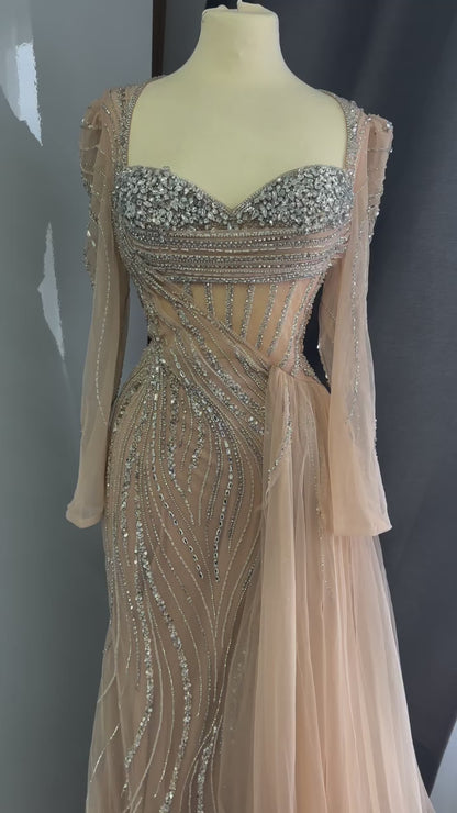 Luxury Nude Beaded Crystal Evening Dress with Overskirt LA72812