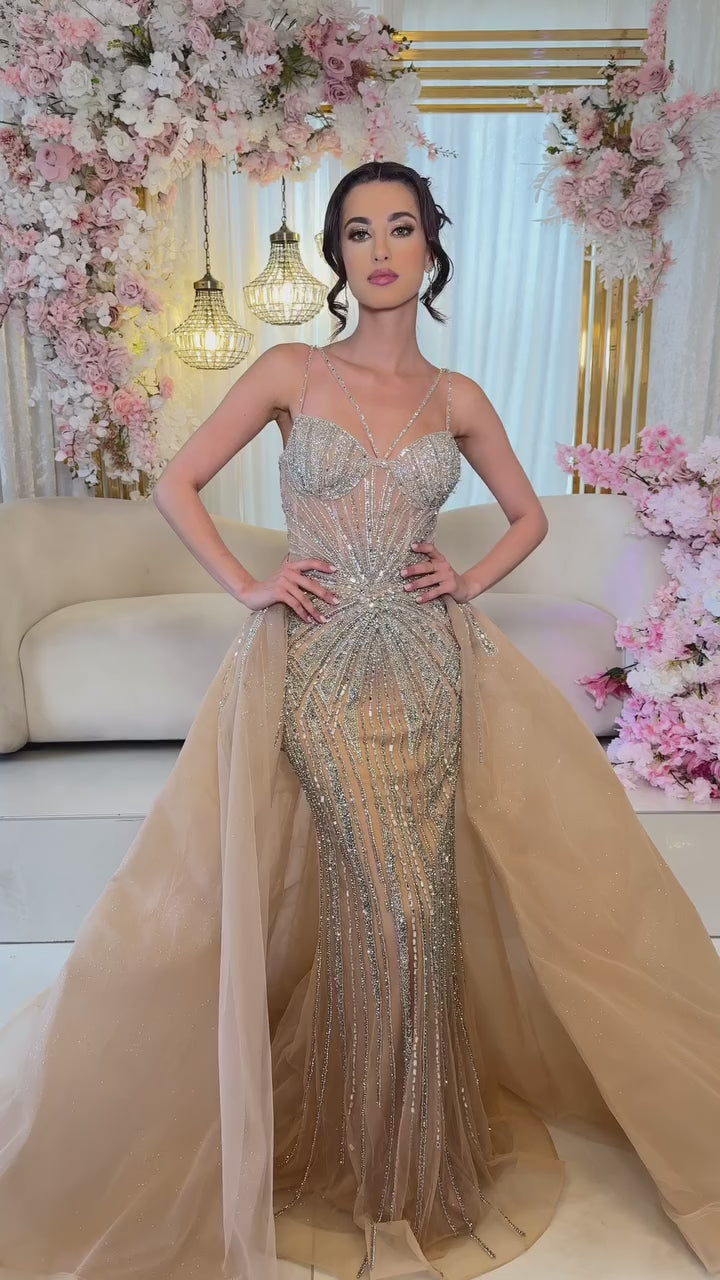 Luxury Nude Spaghetti Strap Mermaid Evening Dress with Overskirt Beaded LA73090