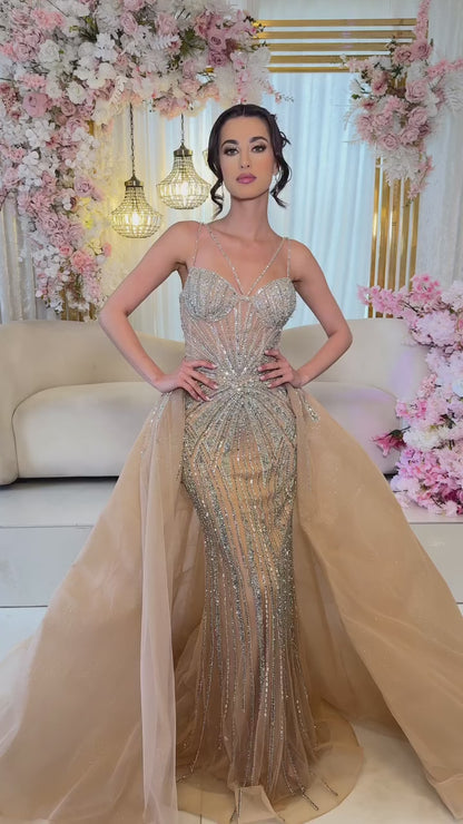 Luxury Nude Spaghetti Strap Mermaid Evening Dress with Overskirt Beaded LA73090