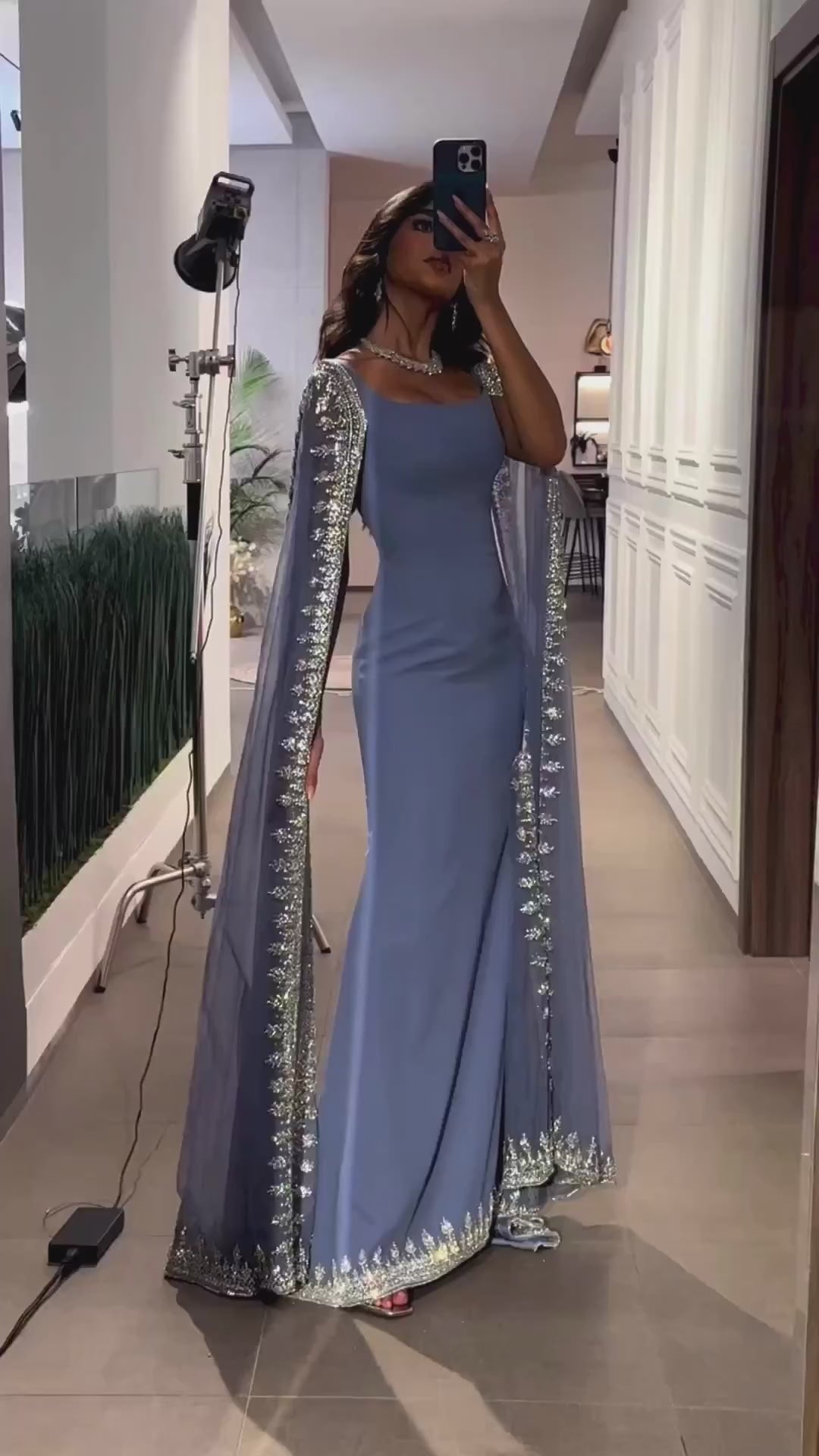 Luxury Blue Mermaid Beaded Evening Dress with Cape Sleeves LA72086