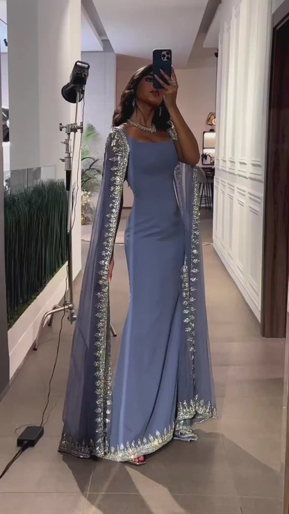 Luxury Blue Mermaid Beaded Evening Dress with Cape Sleeves LA72086
