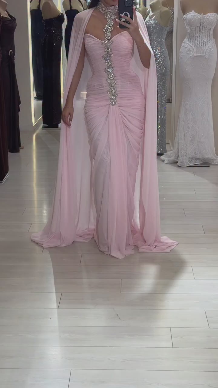 Luxury Pink Halter Crystal Beaded Evening Dress with Cape LA73374