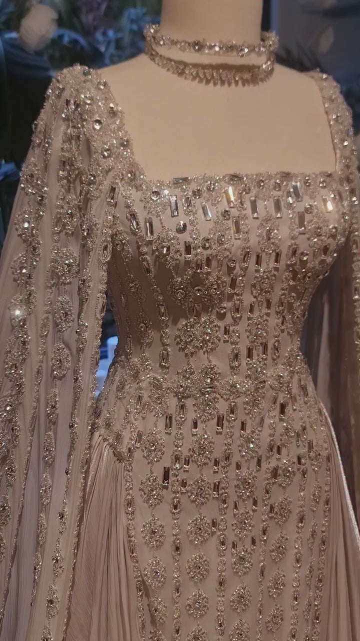 Luxury Cream Dubai Crystal Evening Dress with Cape LA73272