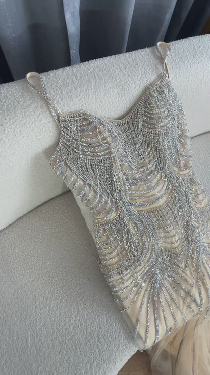 Luxury Nude Pink Crystal Tassel Mermaid Evening Dress LA72772