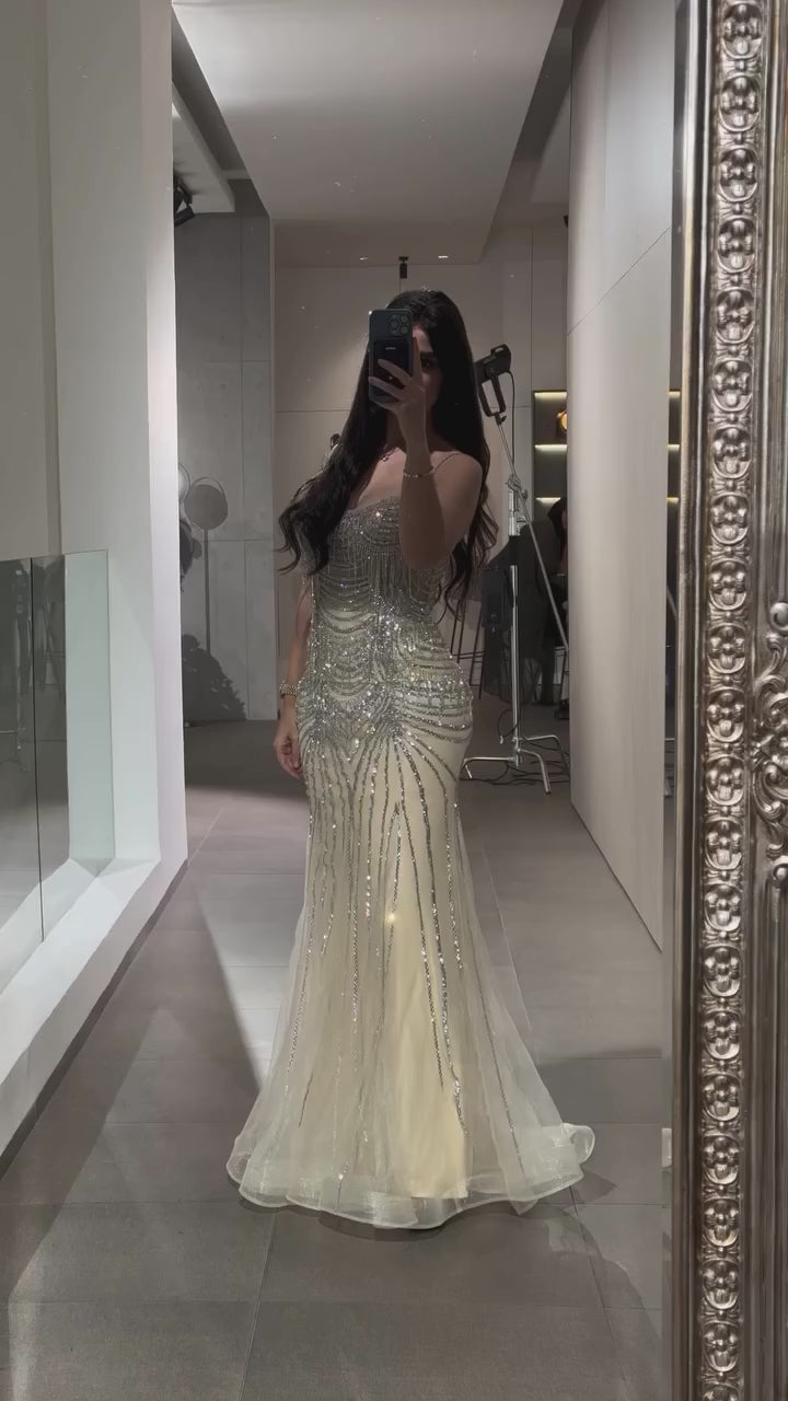 Luxury Nude Pink Crystal Tassel Mermaid Evening Dress LA72772