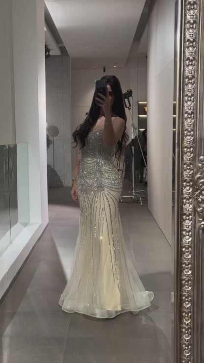 Luxury Nude Pink Crystal Tassel Mermaid Evening Dress LA72772