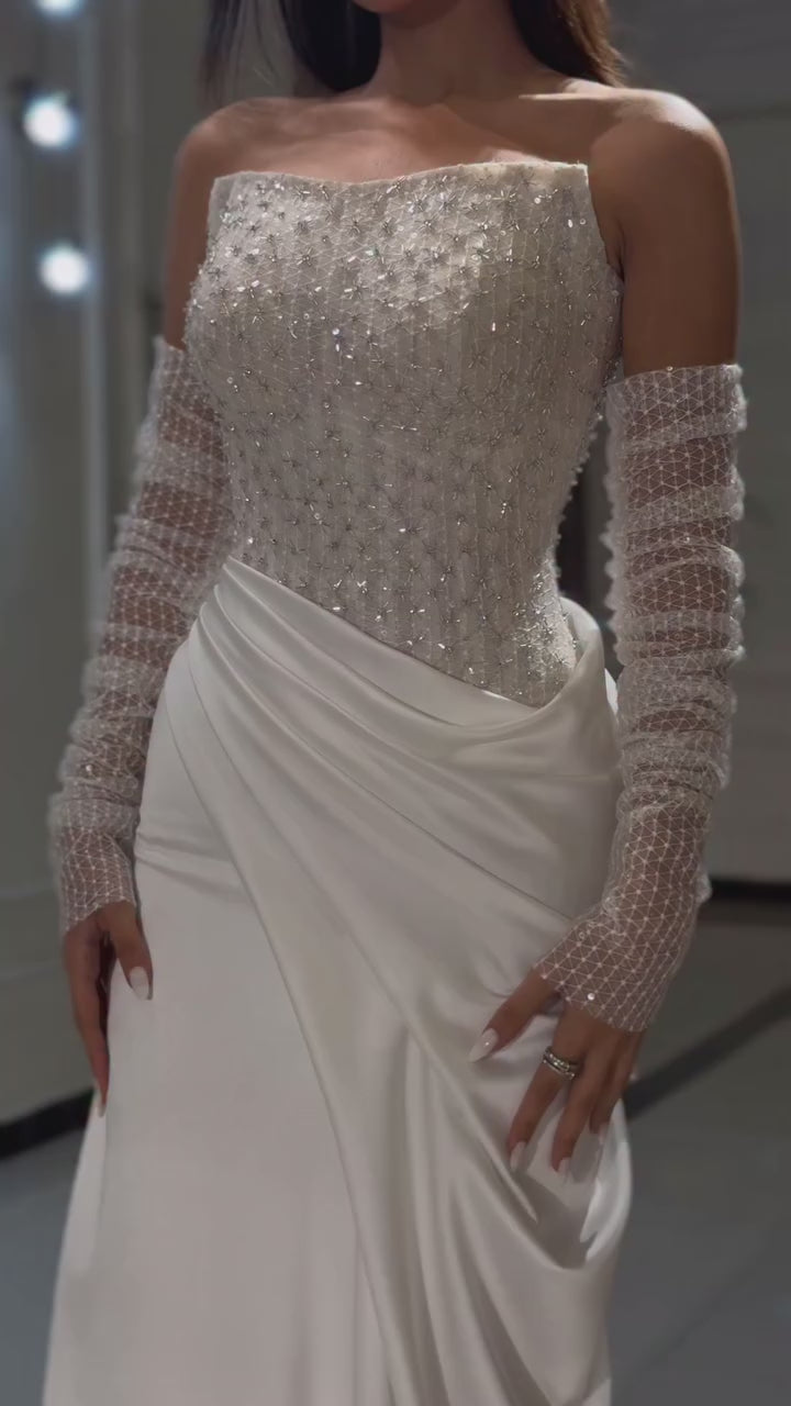 White   Beaded Evening Dress with Detachable Sleeves LA72293A