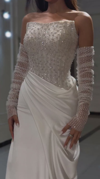 White   Beaded Evening Dress with Detachable Sleeves LA72293A