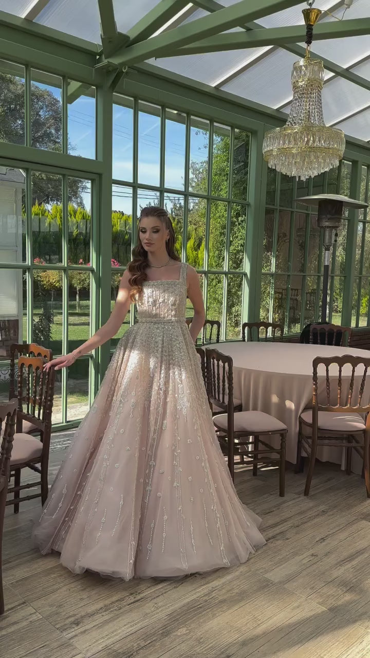 Luxury  Arabic Nude Square Neck Beaded A-Line Evening Dress With Cape  LA72835