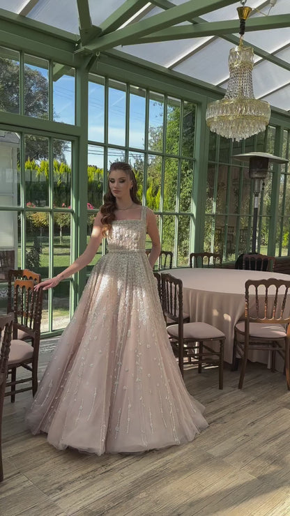 Luxury  Arabic Nude Square Neck Beaded A-Line Evening Dress With Cape  LA72835