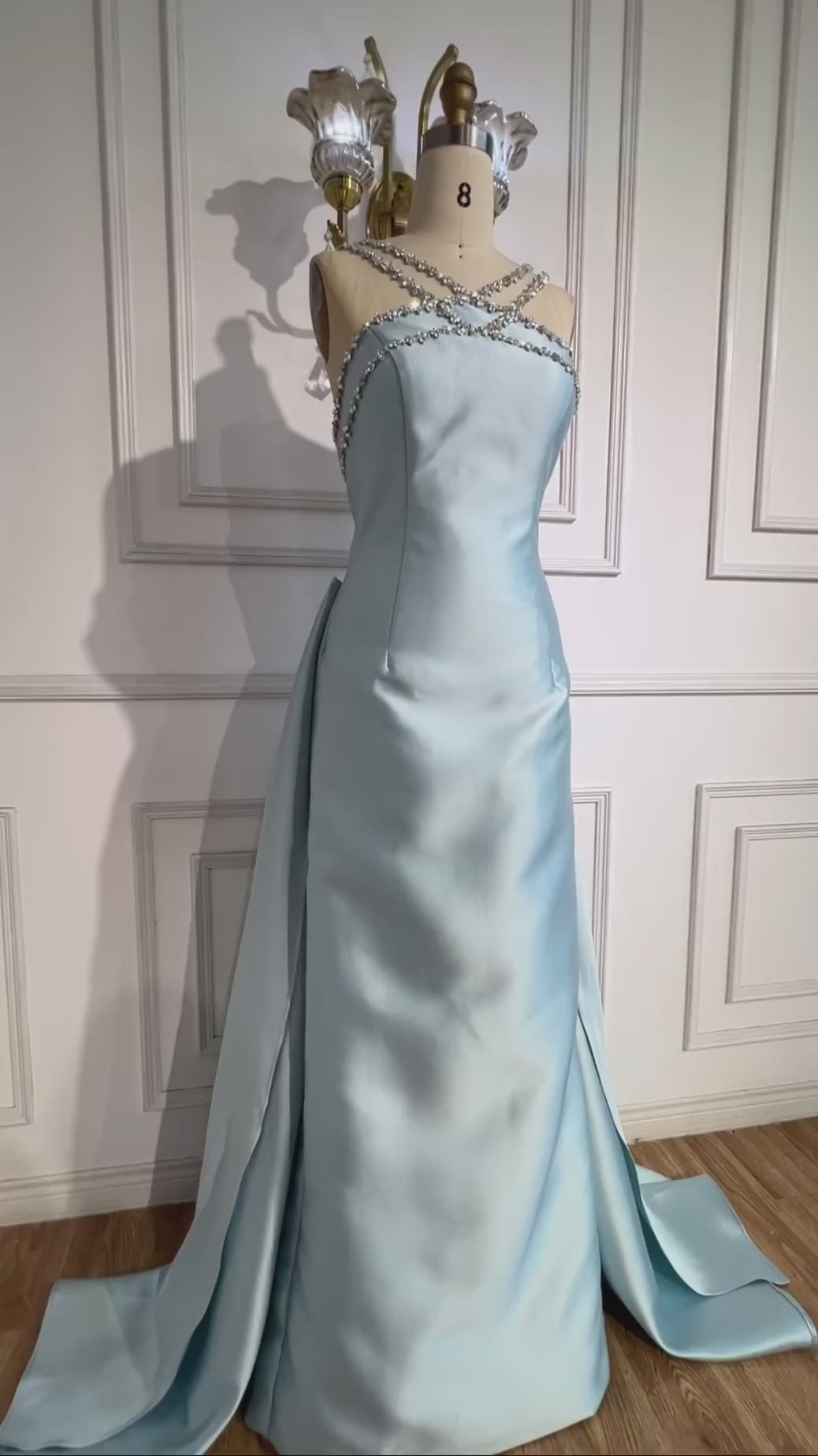 Elegant Light Blue Satin Evening Dress with Overskirt LA72524