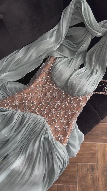 Luxury Turquoise Crystal Beaded A-Line Evening Dress LA73421