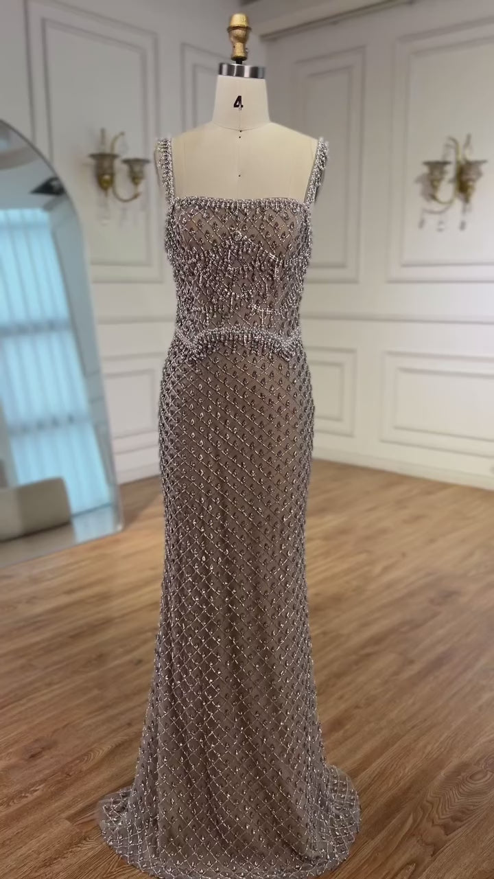 Luxury Silver Mermaid Evening Dress with Designed Stones LA72919