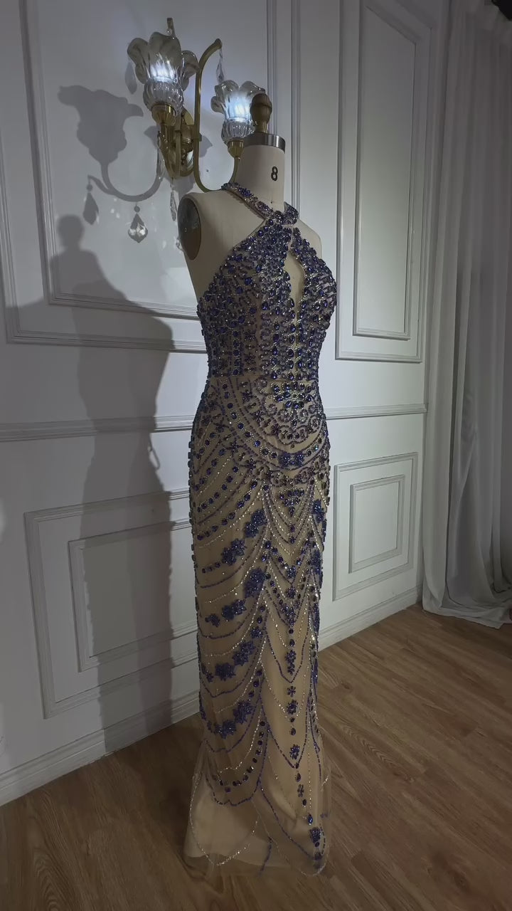 Luxury Blue Halter Crystal Beaded Evening Dress LA72760