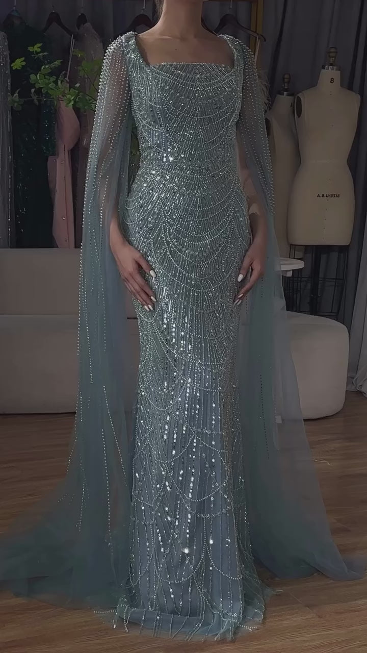 Luxury Arabic Mermaid Evening Dress with Cape Sleeves Plus Size LA72590A
