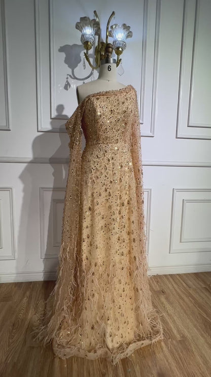Luxury Feather One Shoulder Evening Dress with Cape Sleeves LA72763