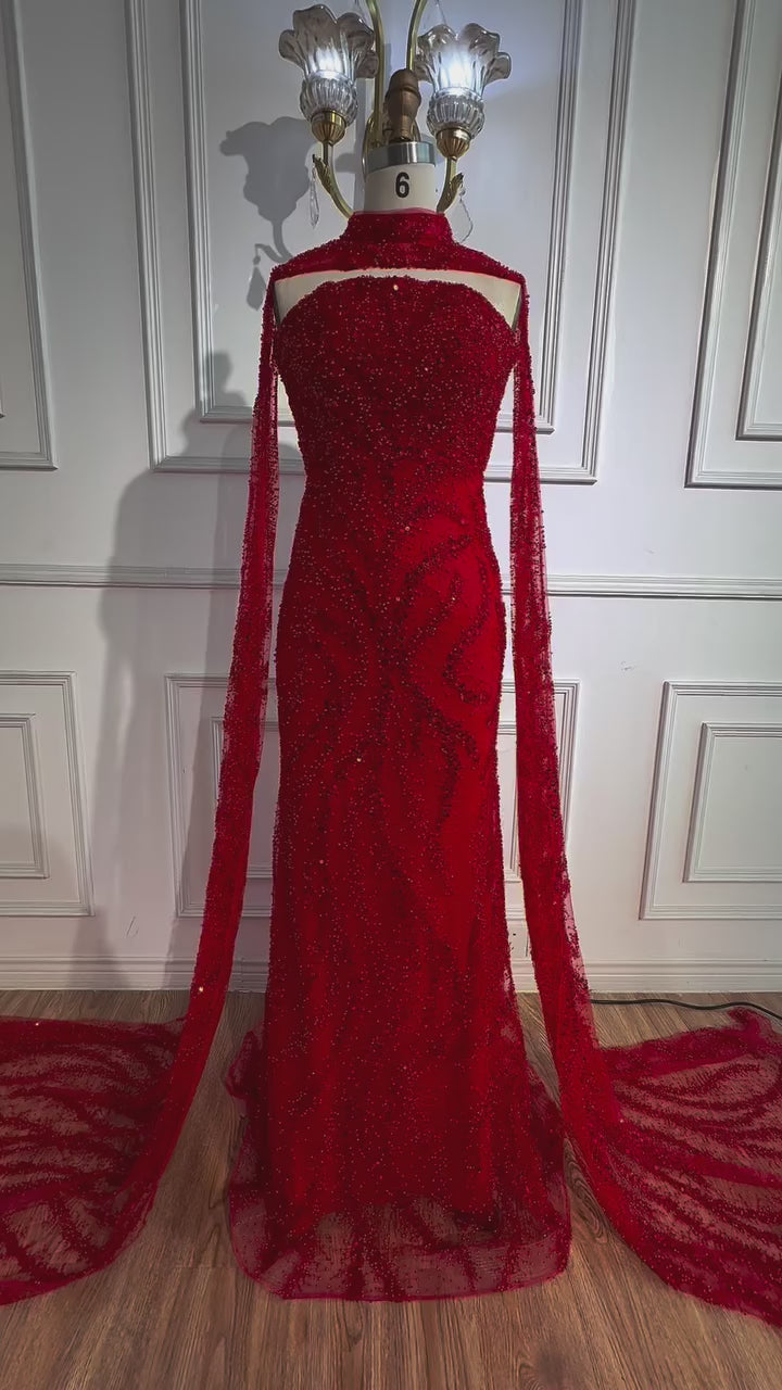 Luxury Nude Beaded Evening Dress with Cape Sleeves LA72824