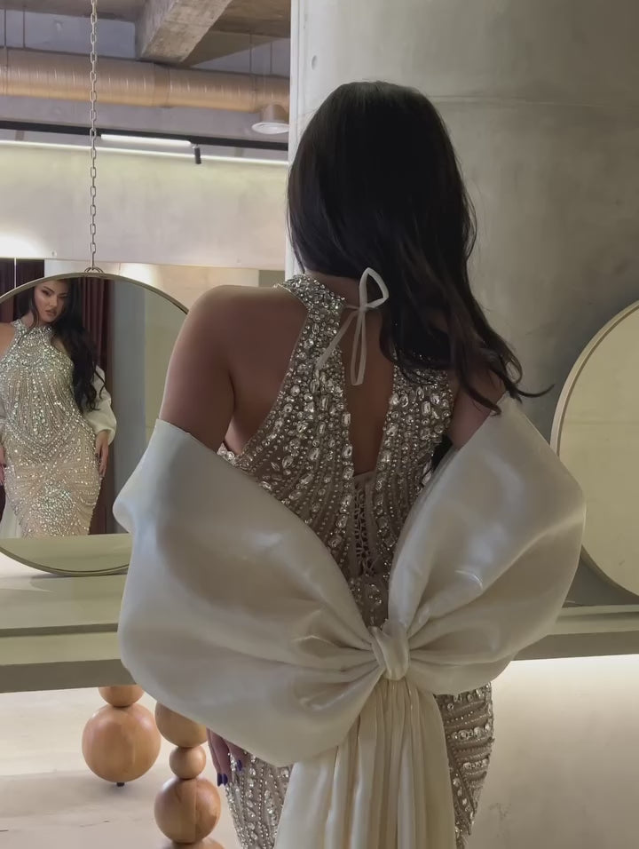 Luxury Kosovo Nude Halter Beaded Evening Dress with Bow Cape LA73218