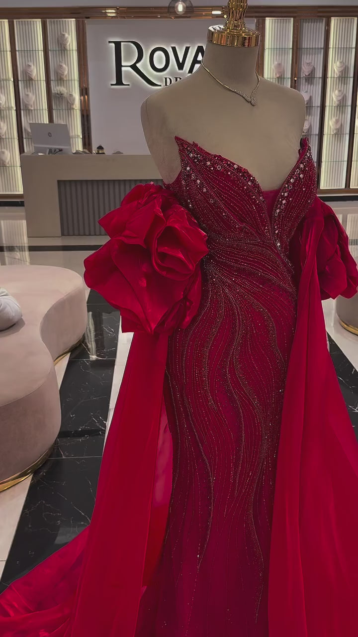 Luxury Designer Red  Beaded Mermaid Evening Dress with Cape LA72896