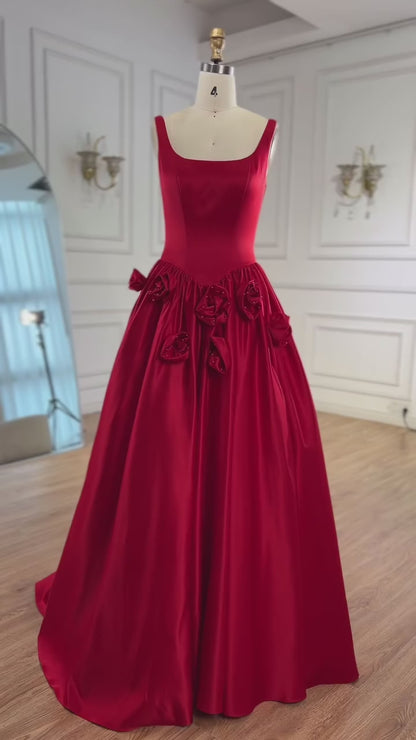 Red A Line Evening Dress 3D Flowers Sleeveless Backless Gown LA73035