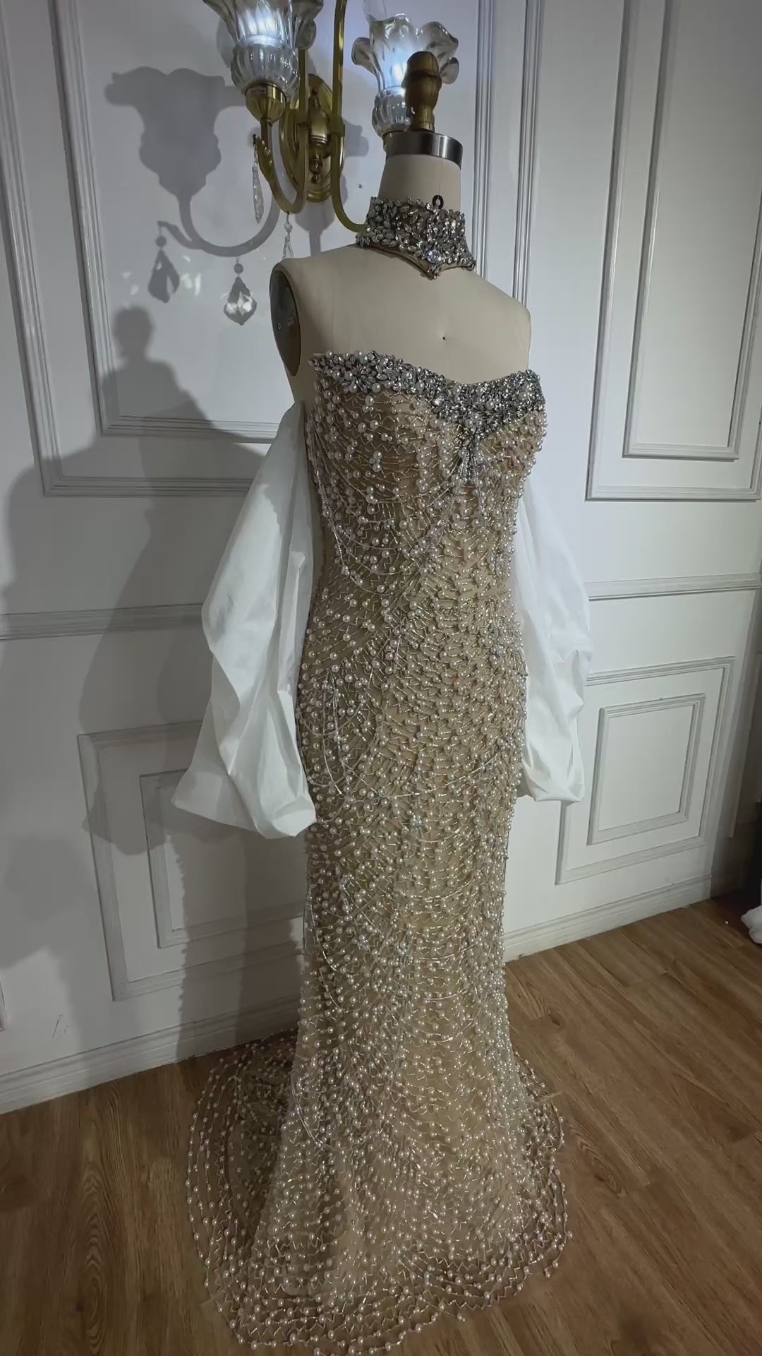 Luxury Famous White Nude  Pearls  Beaded Mermaid Evening Dress  With Cape LA72802