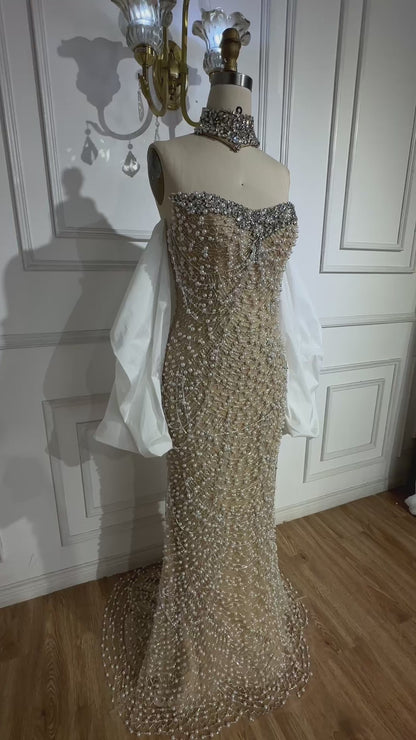 Luxury Famous White Nude  Pearls  Beaded Mermaid Evening Dress  With Cape LA72802