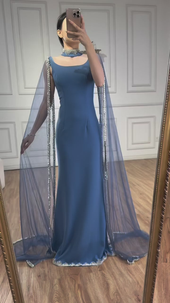 Luxury Blue Mermaid Beaded Evening Dress with Cape Sleeves LA72086