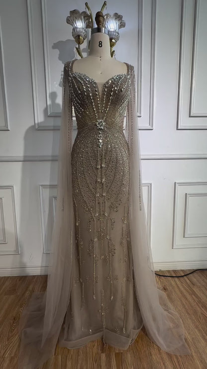 Luxury Designer Beige Beaded Evening Dress with Cape Sleeves LA72992