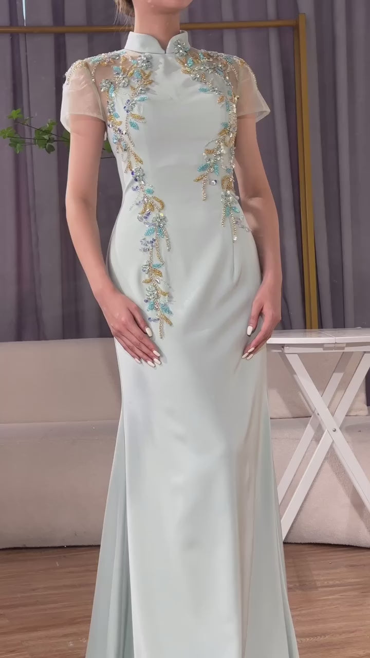 Luxury Mint Beaded Satin Mermaid Evening Dress with   LA72797
